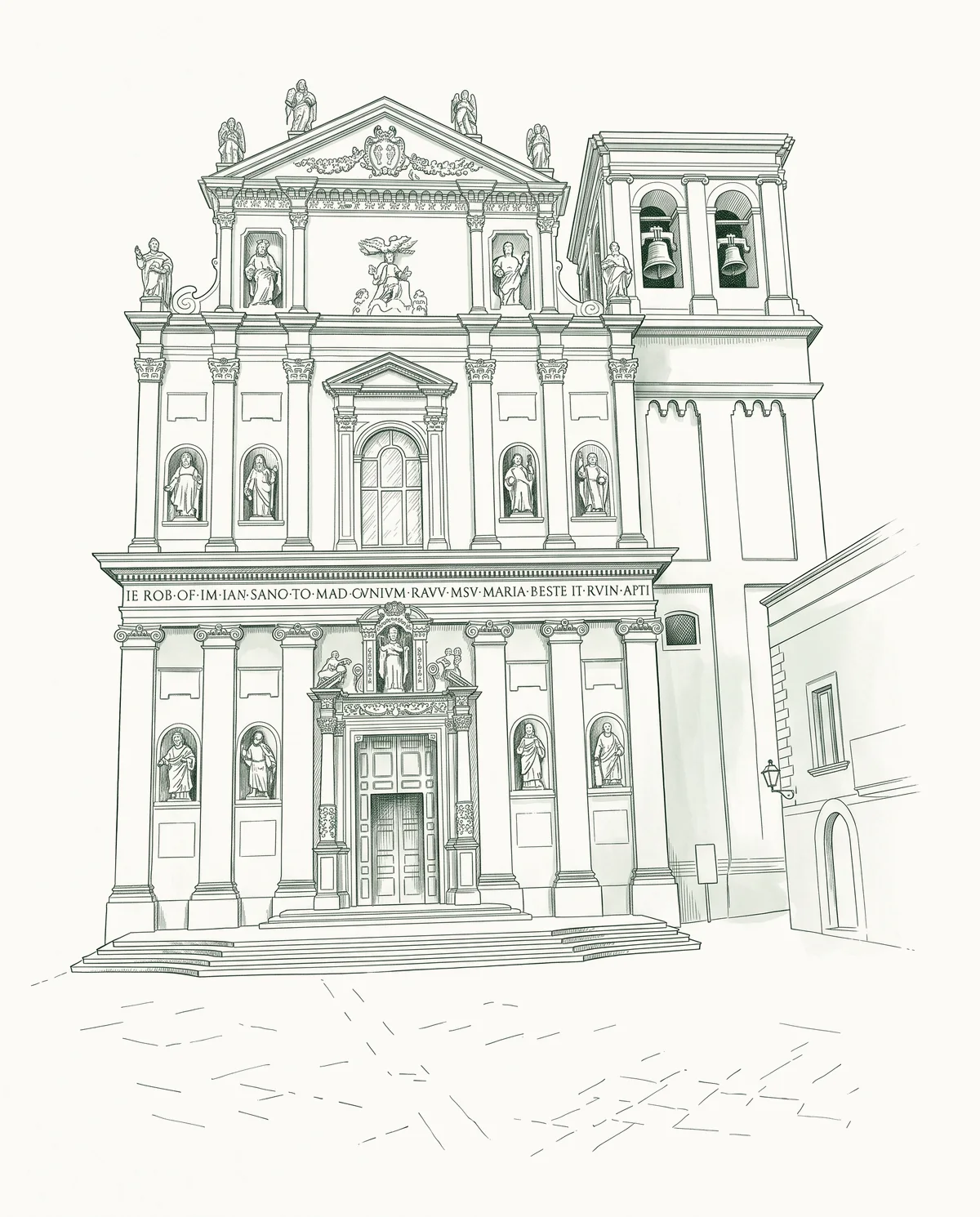 La Chiesa Matrice di Tutti i Santi a Mesagne, disegnata a inchiostro verde
